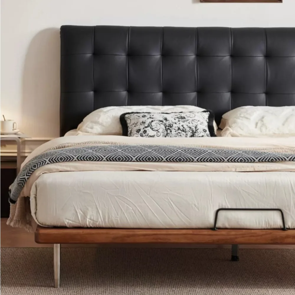 Genuine Leather Master Bed,Slim Headboard Solid Wood Double High Box Storage Bed With Drawer For Small Apartment Wedding Bedroom