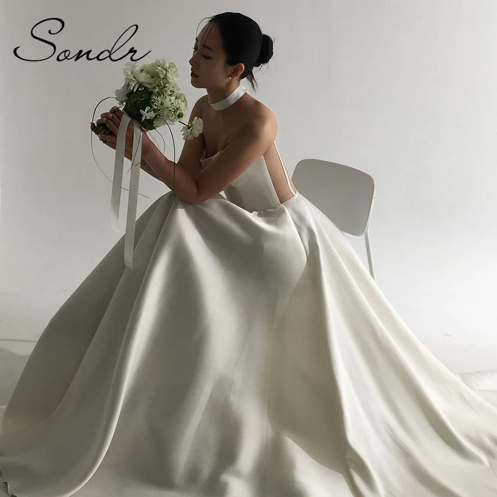 

Sondr Elegant Satin Korean Wedding Dresses Strapless Illusion Bridal Wedding Party Gown Customized Outdoor Wedding Snap Dress
