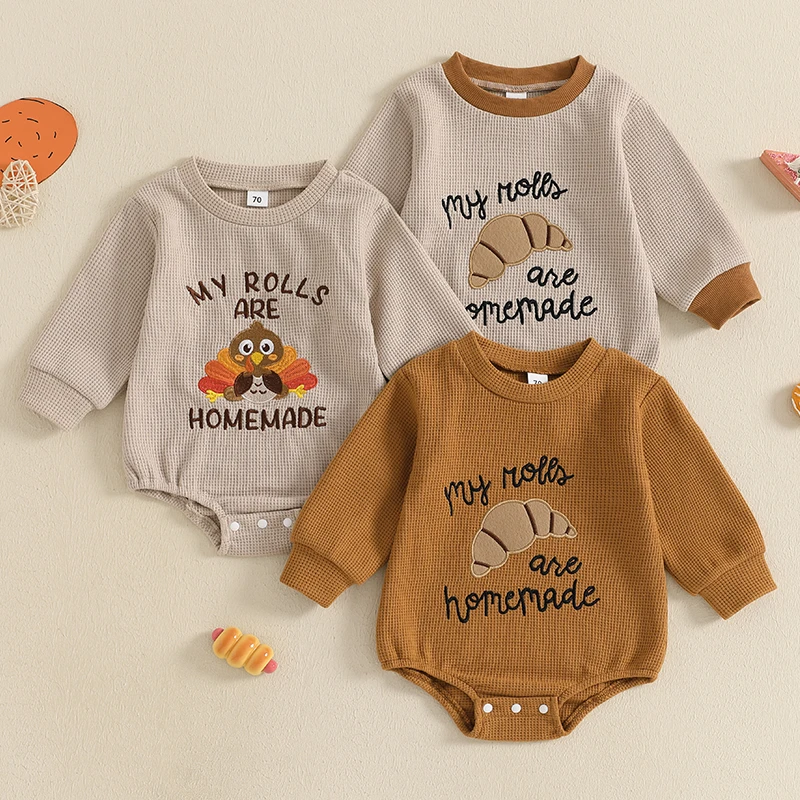 0-24M Baby Girl Boy Thanksgiving Rompers Letter Embroidery Long Sleeve Crew Neck Jumpsuit for Winter Fall