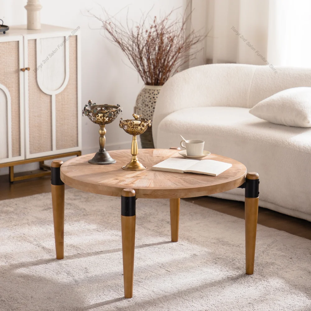 Round Radial Grain Coffee Table Solid Wood & MDF Rustic Coffee Table with Black Accent Legs, Natural Wood Finish for Living Room