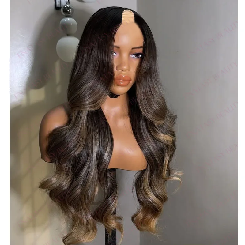 

Highlight Warm Brown Long Body Wave Natural Glueless 100% Human Hair Black Women U Part Wigs with Clips Adjustable V Part Wigs