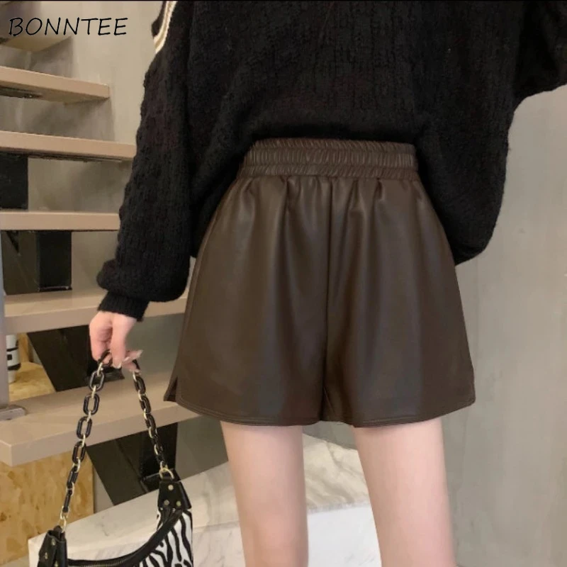 Shorts Women PU Leather High Waist Elastic Autumn Simple Trendy Loose Solid Leisure Female All-match Chic Pantalones Cortos 3XL