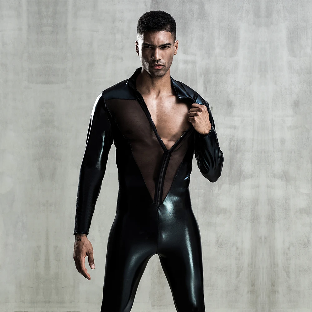 

2022 Mens Sexy Role Play One-Piece Faux Leather Mesh Bodysuit Cosplay Uniform Set Gay Bar Clubwear Pole Dance Costume