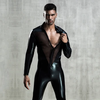 Body Sexy de una pieza para hombre, traje de malla de cuero de imitación, conjunto de uniforme Gay para Bar, ropa para discoteca, traje de Pole Dance, 2022