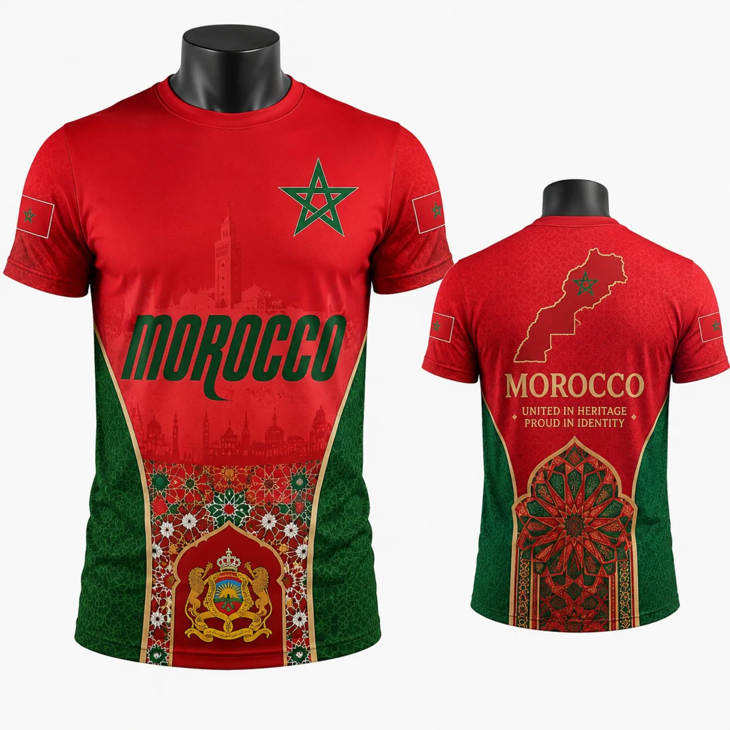 Morocco Mens Soccer Graphic T Shirt Red Green Mosaic Print Short Sleeve Casual Streetwear with Heritage Identity Design Back Tee