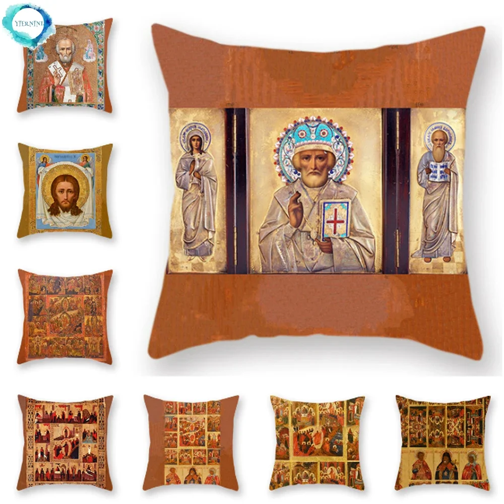 Christ Resurrection Saints Print Decorative Cushion Cover Portrait Pattern Polyester Pillowcase Home Sofa Decoration 45x45cm