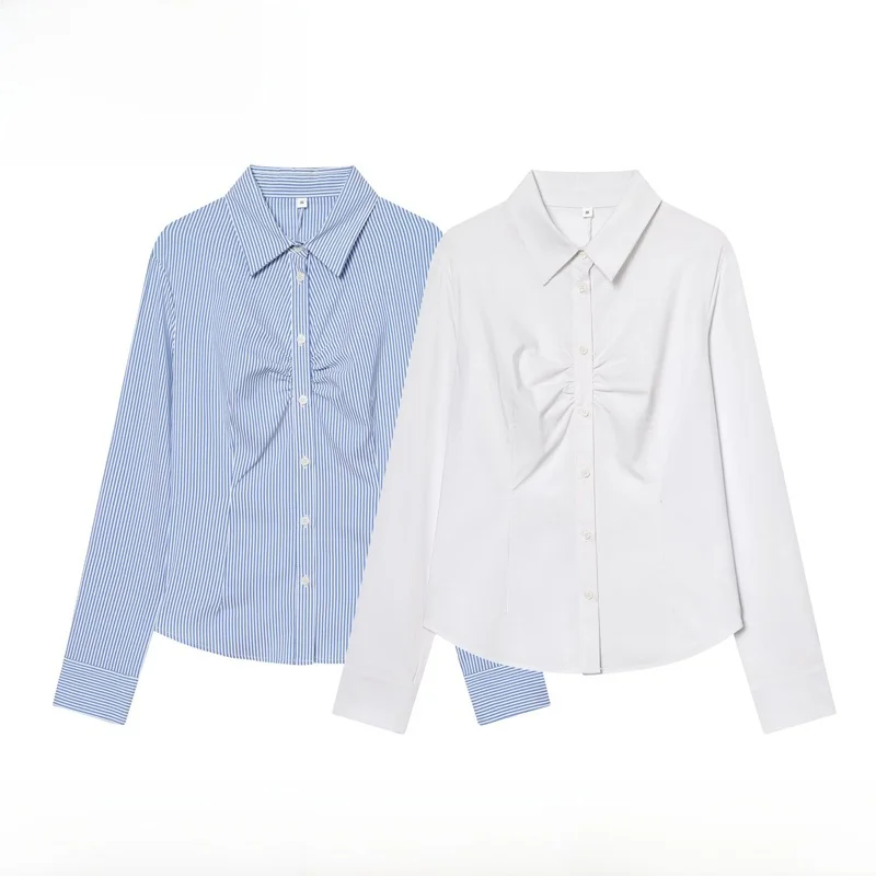 

Новая женская модная повседневная приталенная рубашка EVEA с воротником, плиссированная, универсальная, из дышащего полиэстера, с длинным рукавом, весна-осень