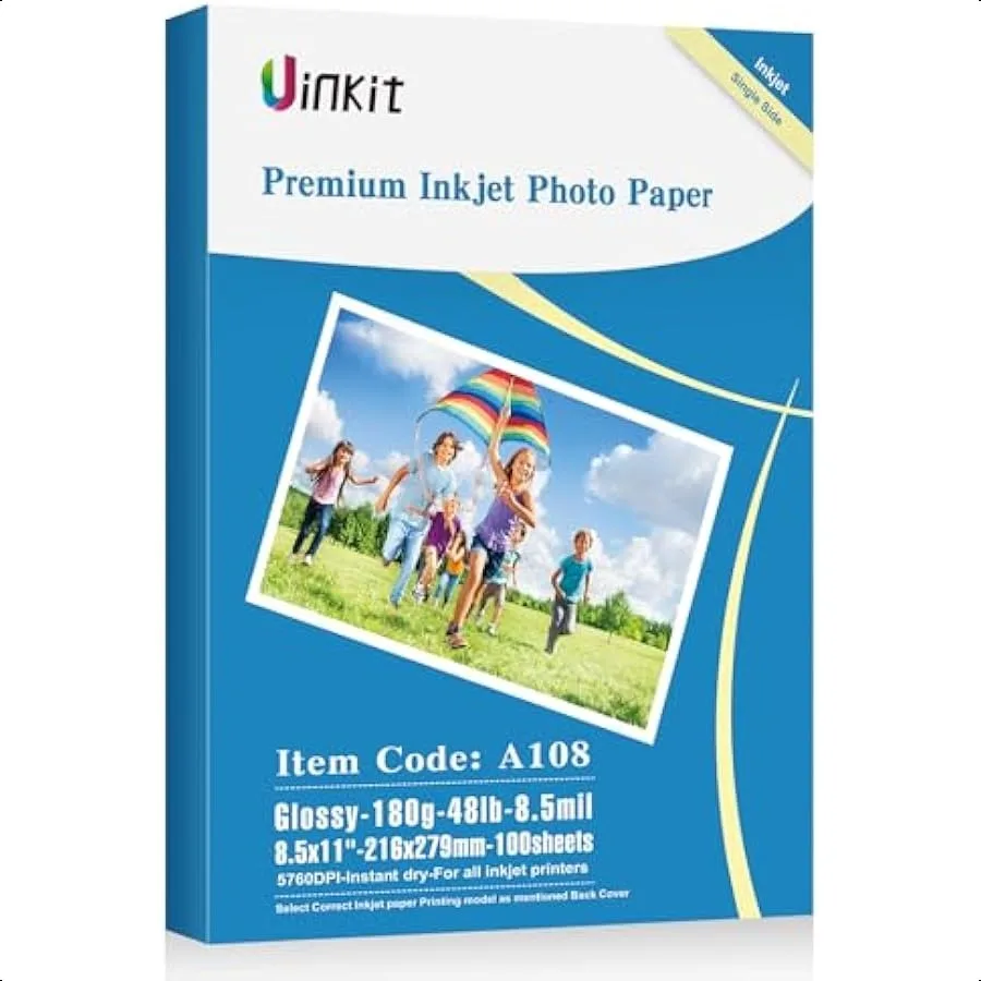 

100 Sheets Inkjet Photo Paper Glossy 8.5x11 48lb 180Gsm Professional Photographic Paper Letter Size 8.5Mil Instant Dry Suitable