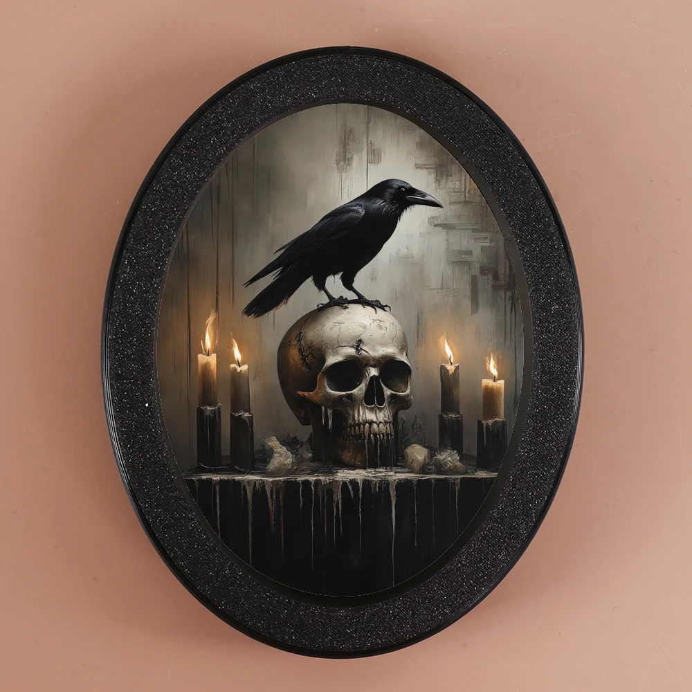 Adorno decorativo ovalado de estilo oscuro de 1 pieza, con elementos de cuervo, calavera y velas, trajes, espacios de estilo gótico, crear