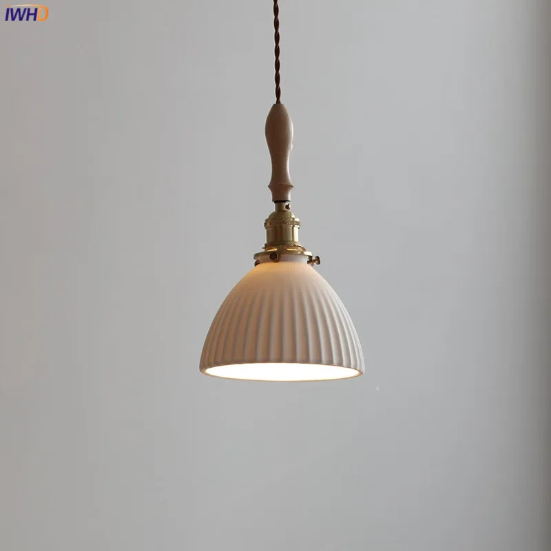 

IWHD Ceramic Copper LED Pendant Lighting Fixtures Wood Hangle Home Decor Stair Bedroom Living Room Light Modern Hanging Lamp