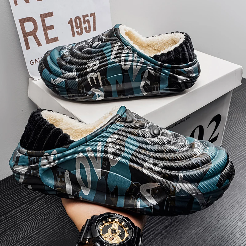 

Winter Men Waterproof Fleece-lined Warm Cotton Slippers Women Novelty Fluffy Slippers Couple Indoor Outdoor Fashion Plush Shoes