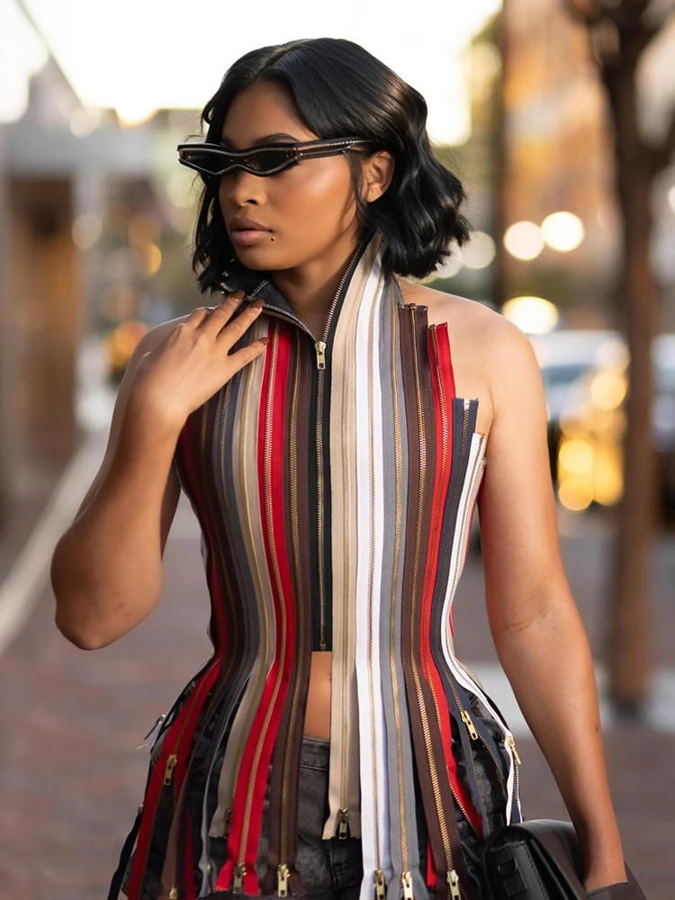 

Kliou Colorful Stripe Tank Tops Woman Halter Multiple Zip Design Bandage Backless Irregular Hem High Street Hip-Hop Style Vests