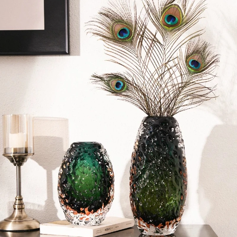 Minimalist Emerald Thick Art Glass Vase Decorative Ornament for Entrance Living Room Dining Table Craft Household Goods