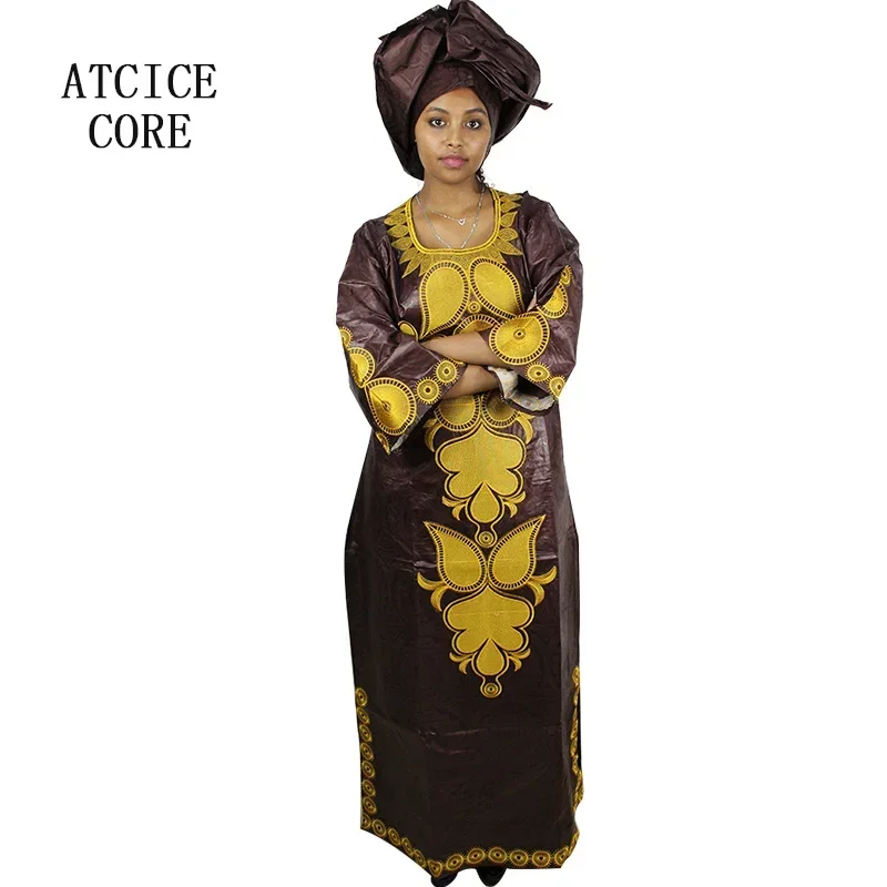 African Dresses For Woman Cotton Bazin Riche Embroidery Design Long Dress Scarf