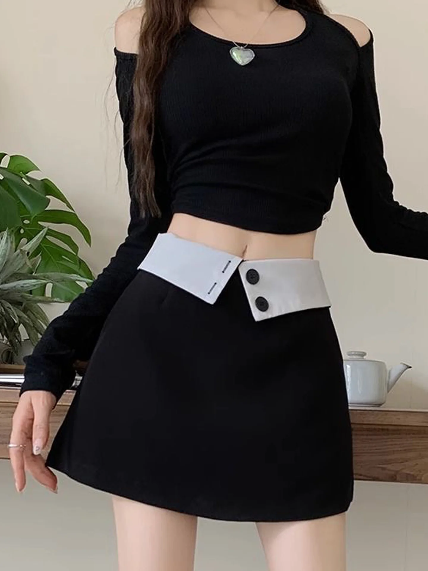 

Корейская летняя женская юбка А-силуэта с высокой талией, новая модель с цветовыми блоками и отворотом, укороченная, стройнящая, средней длины