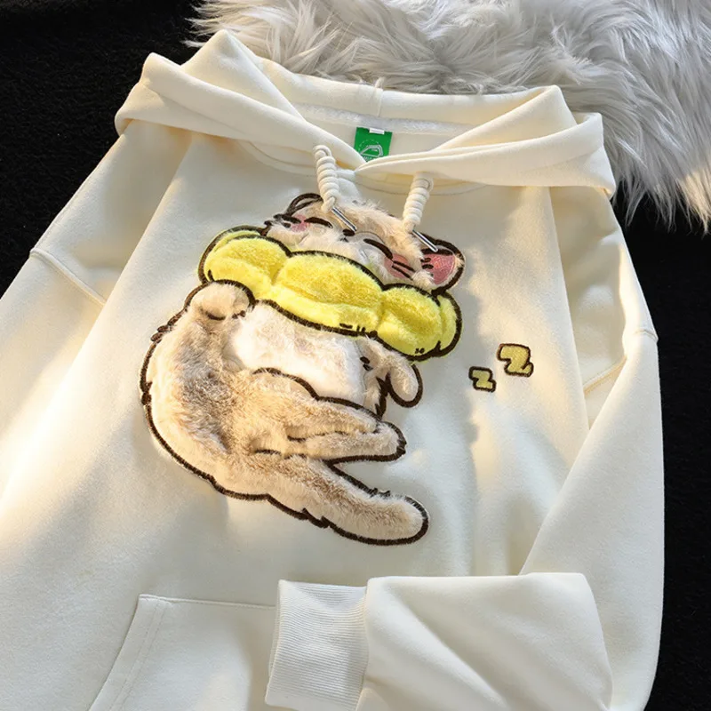 Kawaii Cartoon Sleep Cat Pullover Hoodie Women Winter Casual Cute Plush Animal Graphic Hooded Sweatshirt Girls Harajuku Tops