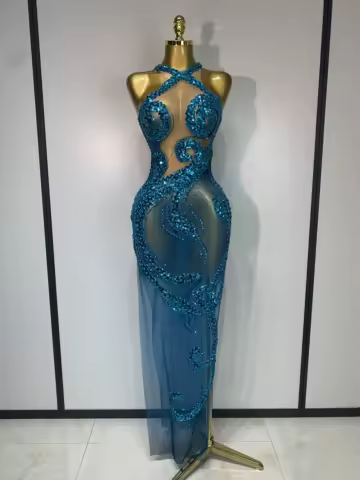 Women Luxury Blue Rhinestones Sequines Mesh Transparent Long Dress Club Evening Party Dress Birthday Photoshoot Clothing
