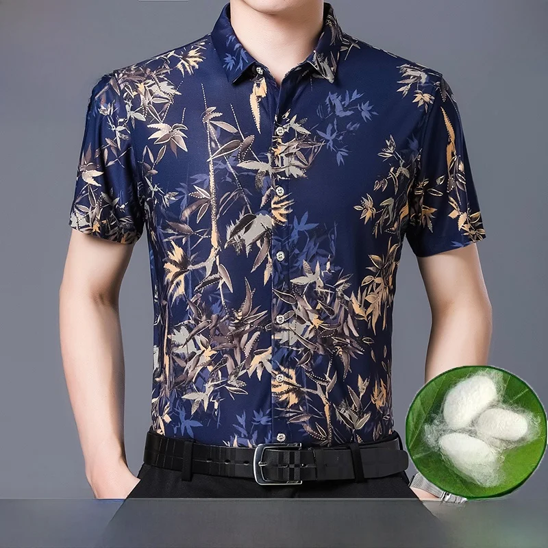 

Летняя высококачественная шелковая рубашка с цветочным принтом для мужчин среднего возраста, повседневная, из натурального шелка, свободного кроя, в стиле для папы