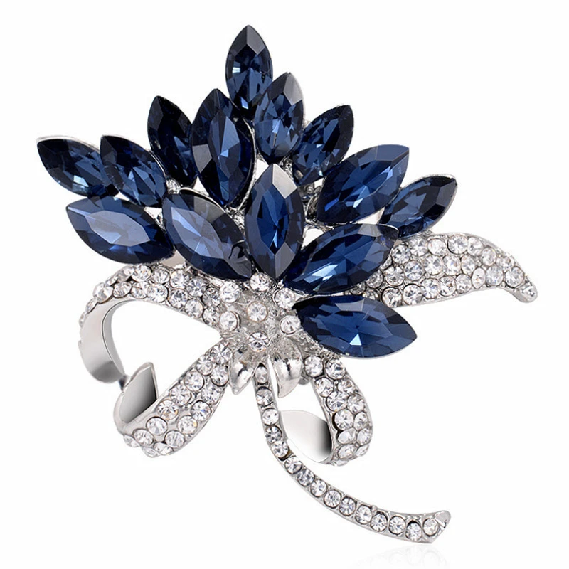 Elegant Zircon Orchid Flower Lapel Brooch Blue Bouquet Crystal Corsage Pins Brooches for Women Girls Wedding Jewelry Gift