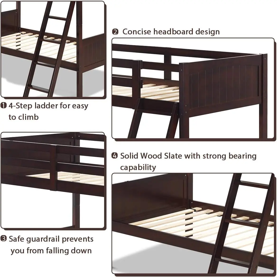 Wood Twin Over Twin Bunk Beds Convertible 2 Individual Twin Beds for Kids Children, Solid Rubberwood Bunk Bed with Ladder and Sa