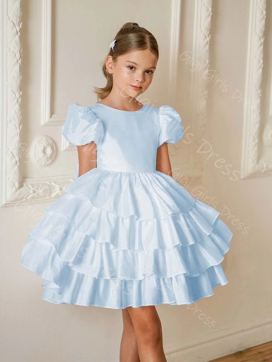 Vestido de princesa personalizado para meninas, vestido de primeira comunhão com mangas bufantes em camadas de chiffon para festa de casamento, mini comprimento com laço