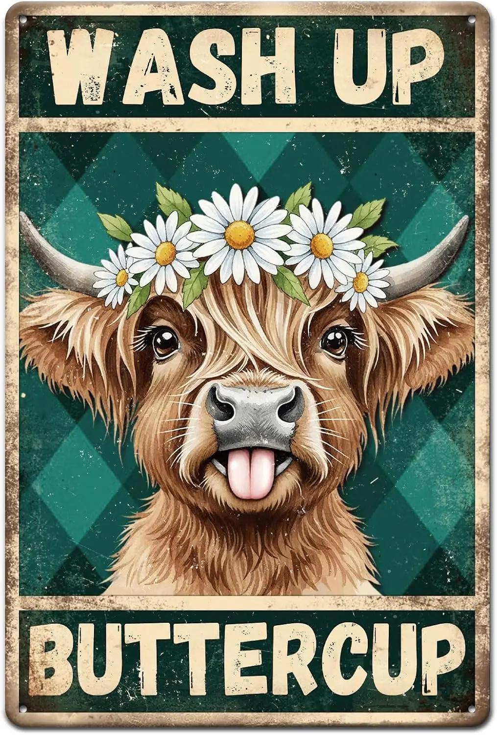 GLOBLELAND Cute Highland Cattle Metal Tin Sign  Vintage Wash Up Buttercup Daisy Animal Tin Signage Decor Signs Retro Bathroom Wa
