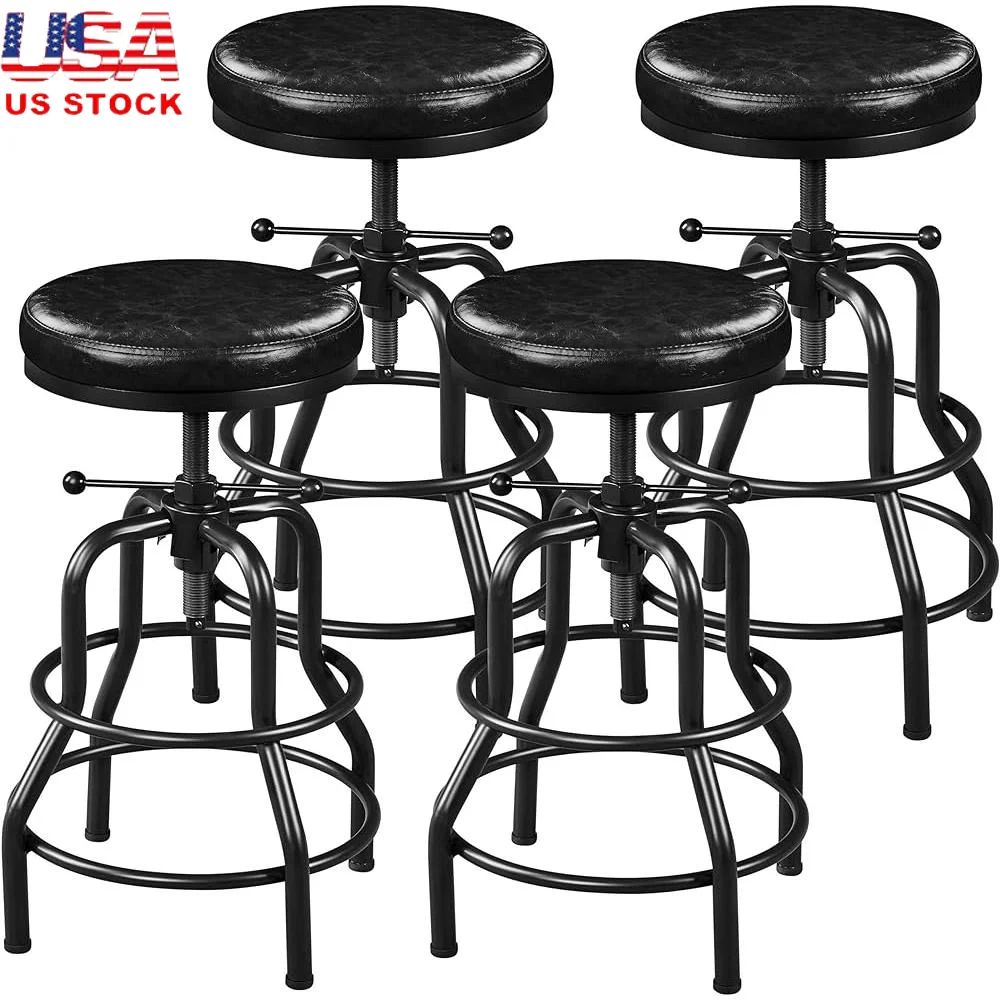 

Industrial Bar Stools Adjustable Counter Height Faux Leather Seat No Installation Required Rustic Metal Kitchen Stool Set of 4