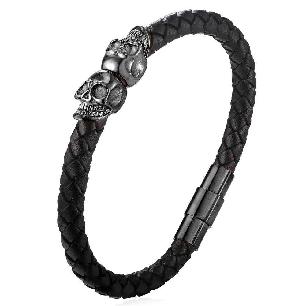 Mens Braided Leather Bracelet with Magnetic Clasp, Genuine Multi-Layer Leather/Skull Cuff Bracelet Wristband Bangle CP952