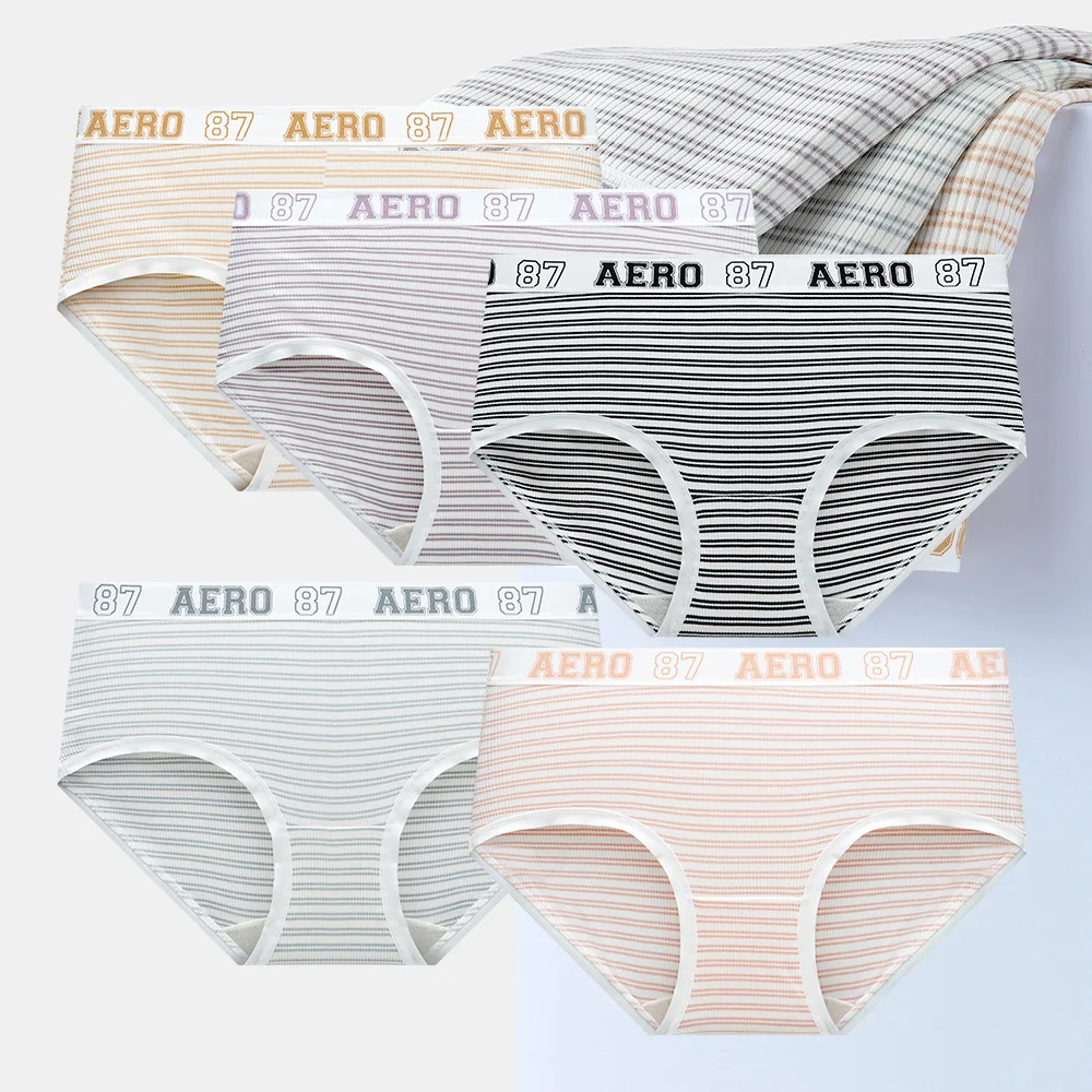 American Style Teenage Girl Basic Underwear Classic Striped Waist High Elastic Comfortable Lingerie Women Mid-Waist Briefs