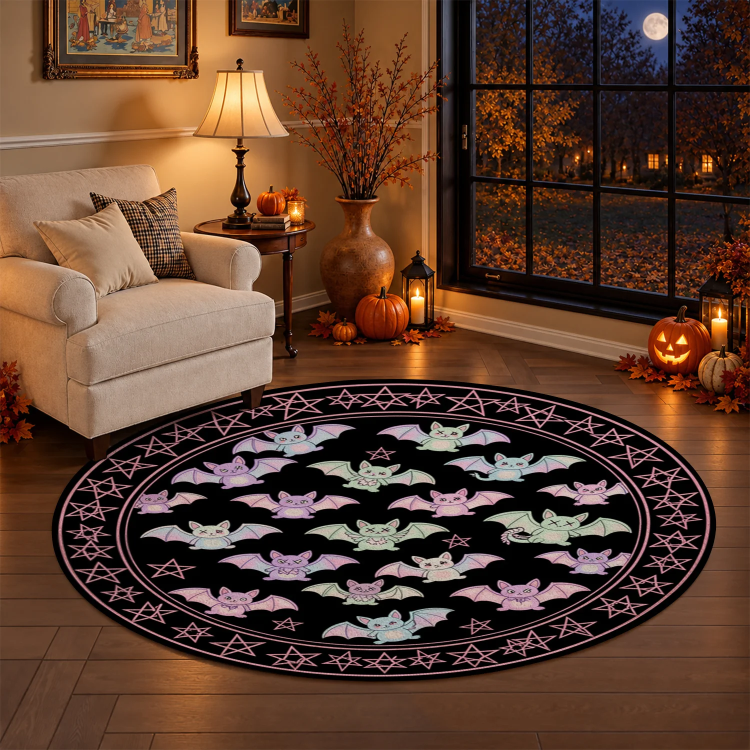 Cute Pastel Bat Pentagram Pattern Round Velvet Rug, Soft Plush Floor Mat, Machine Washable, Suitable for Living Room, Bedroom, Entryway, Home Office, Perfect for Halloween, Thanksgiving, Christmas, New Year, Black Friday, Cyber Monday Decor