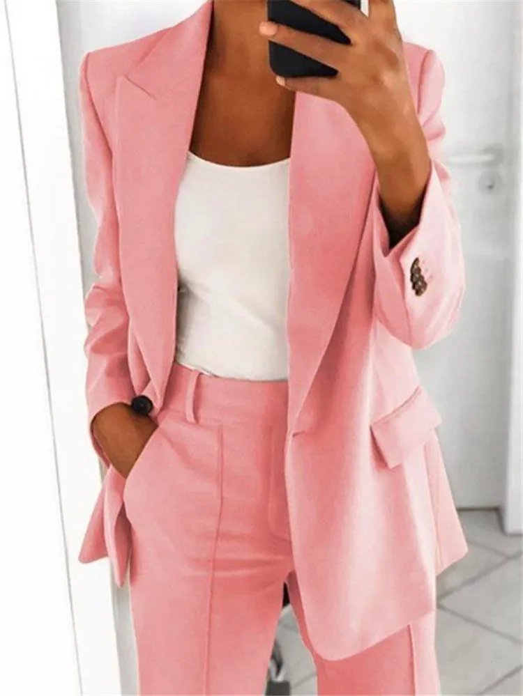 Women\'s blazer casual long-sleeved top solid color suit collar button simple temperament commuter plus size blazer