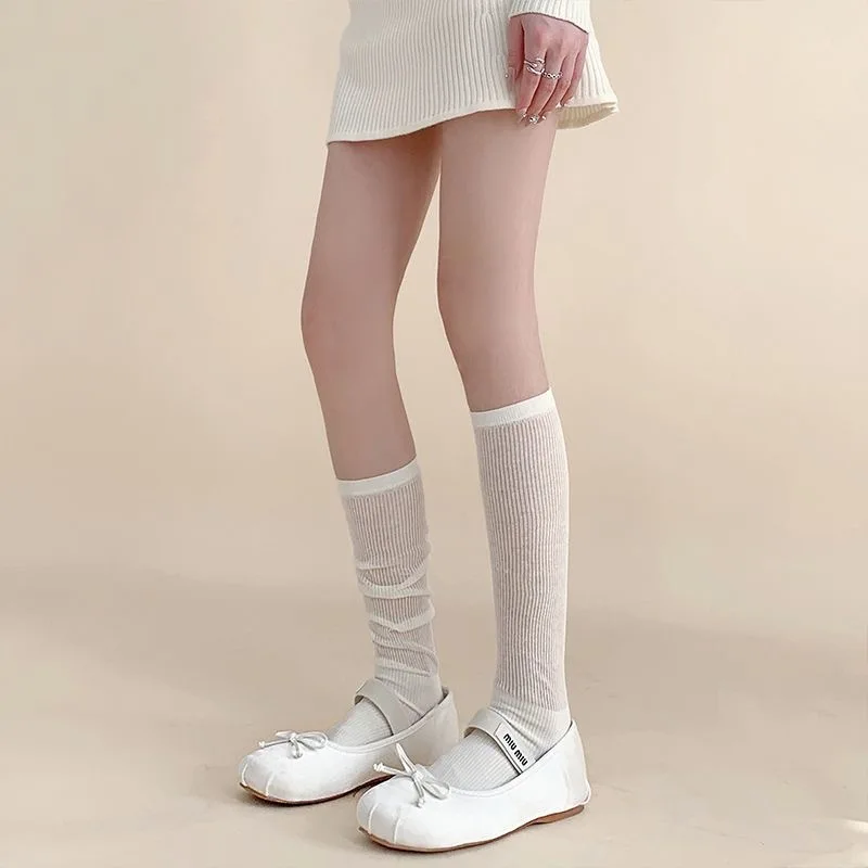 Ladies Vertical Striped Knit Socks Loose Casual Solid Socks Soft Mesh Breathable Sockings Streetwear JK Lolita Simple Socking