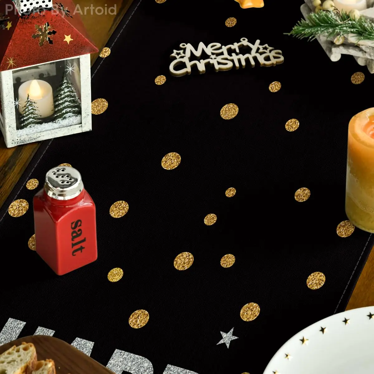 Artoid Mode Cheers باللونين الأسود والذهبي 2026، مفرش طاولة السنة الجديدة السعيدة، عيد الميلاد الشتوي عطلة المطبخ طاولة الطعام الديكور لـ Indo