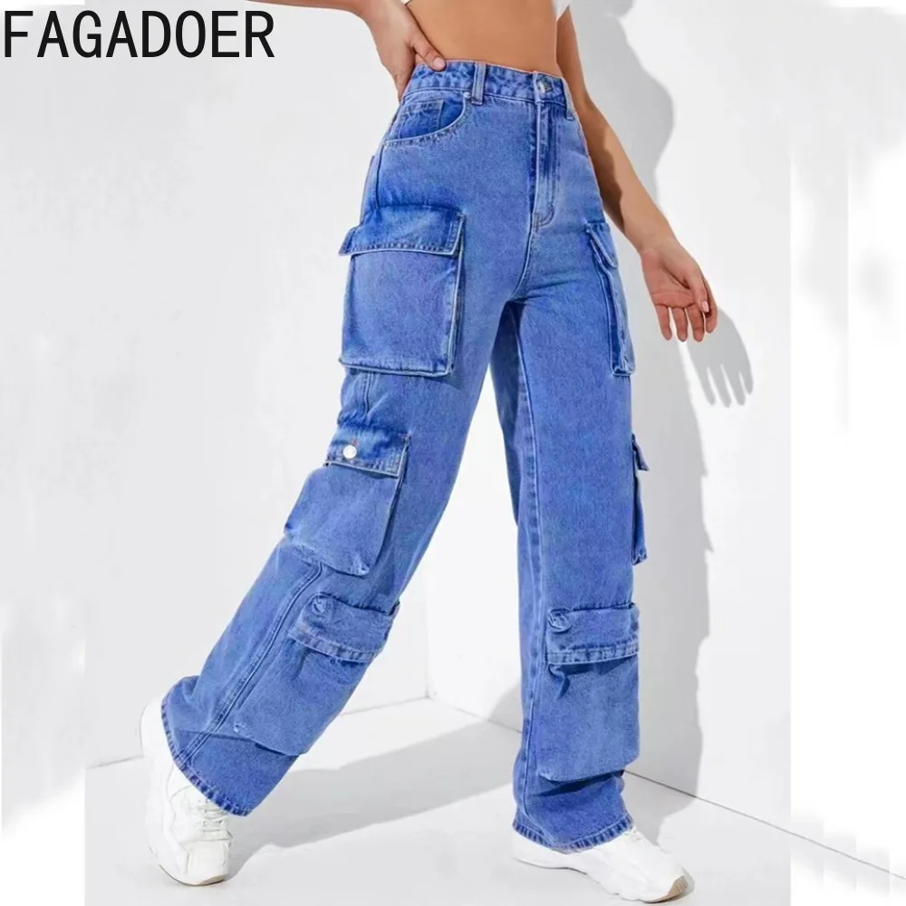 

FAGADOER Fashion Pocket Sporty Denim Cargo Pants Women High Waisted Button Straight Jean Casual Elasticity Cowboy Bottoms 2023