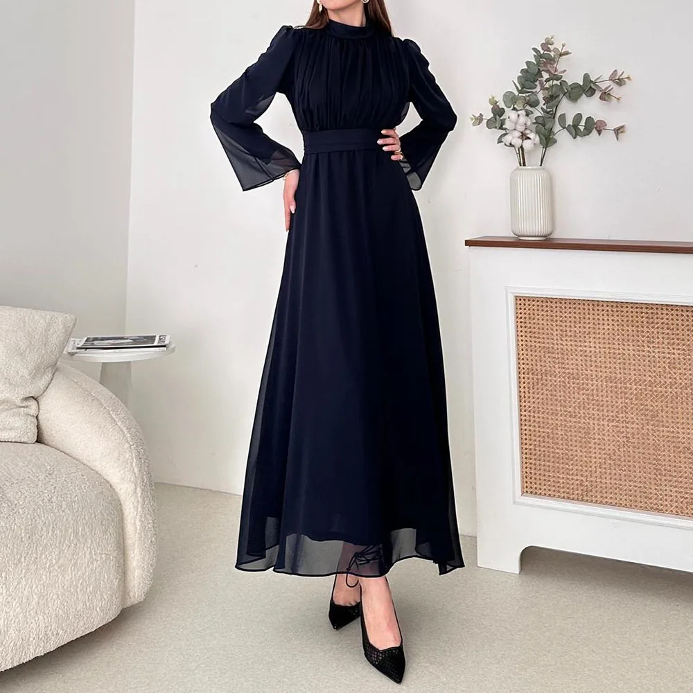 

Customized A-Line Prom Dresses Tea-Length High-Neck Full Sleeve Evening Gown Simple Fashion Draped Casual Party Gown
