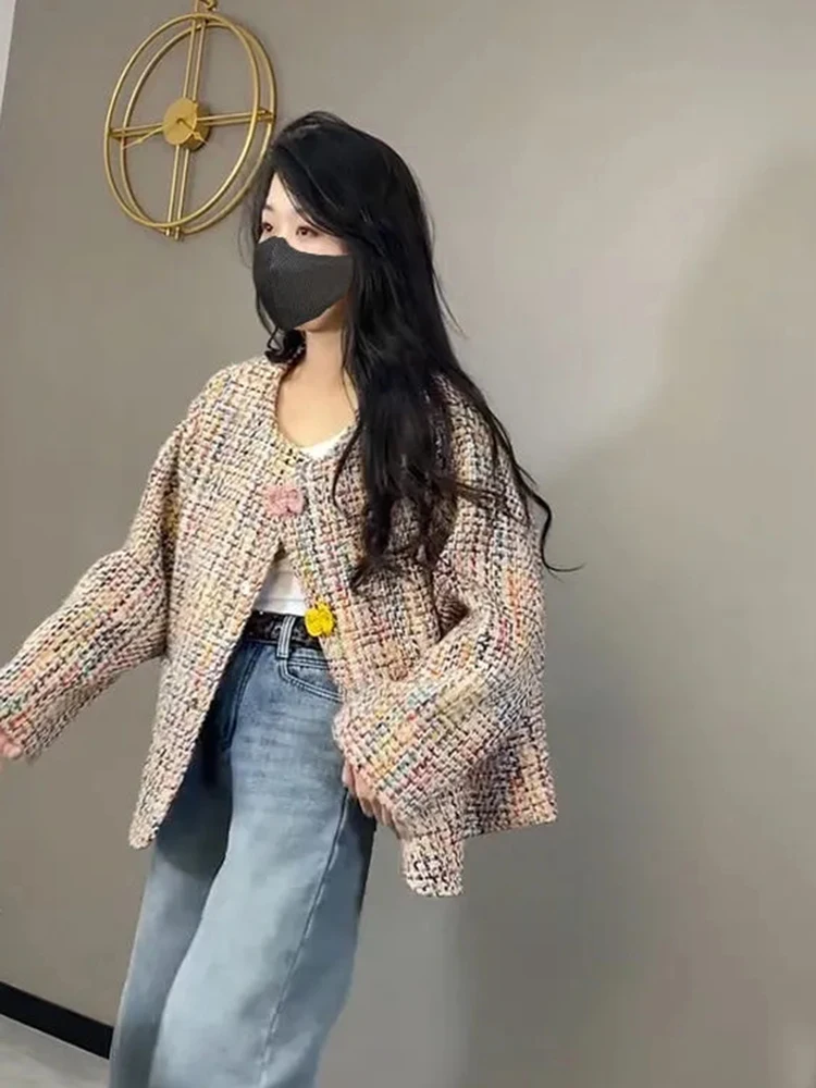 

Jmprs Sweet Korean Tweed Jacket Women Vintage O Neck Long Sleeve Design Coat Slim Small Fragrance Fall Winter Elegant Lady Tops