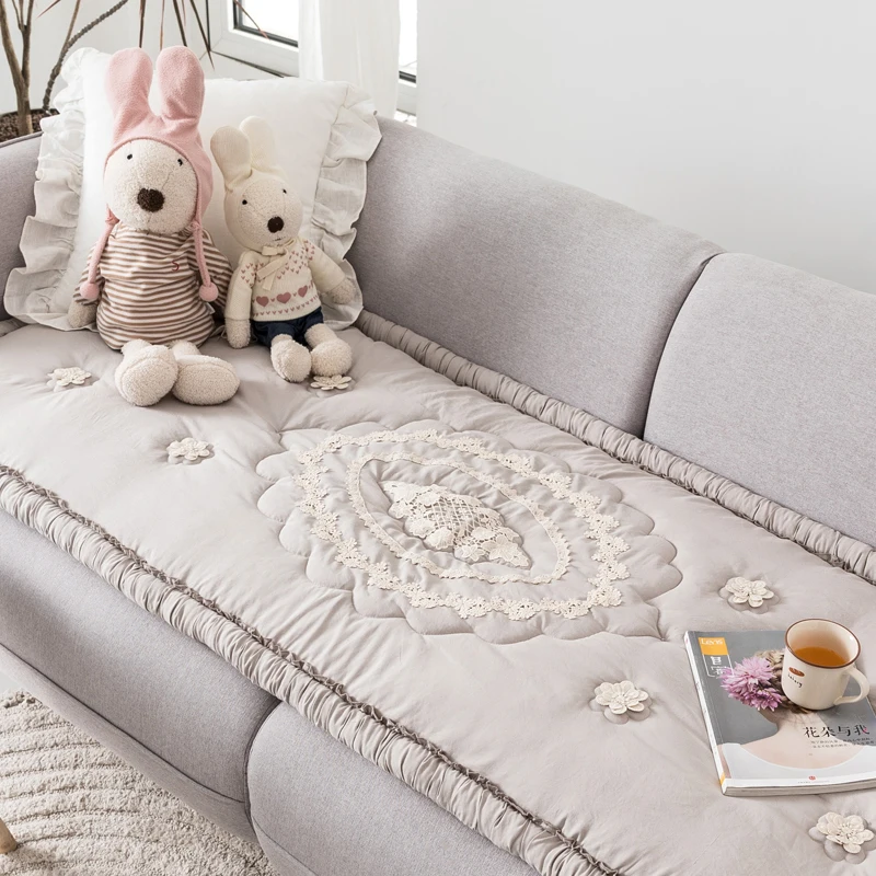 

Non-Slip Sofa Cushion Pure Cotton Embroidered Lace Patchwork Flower Fabric Art Pad Chair Padded Mat Nordic Style Home Decor