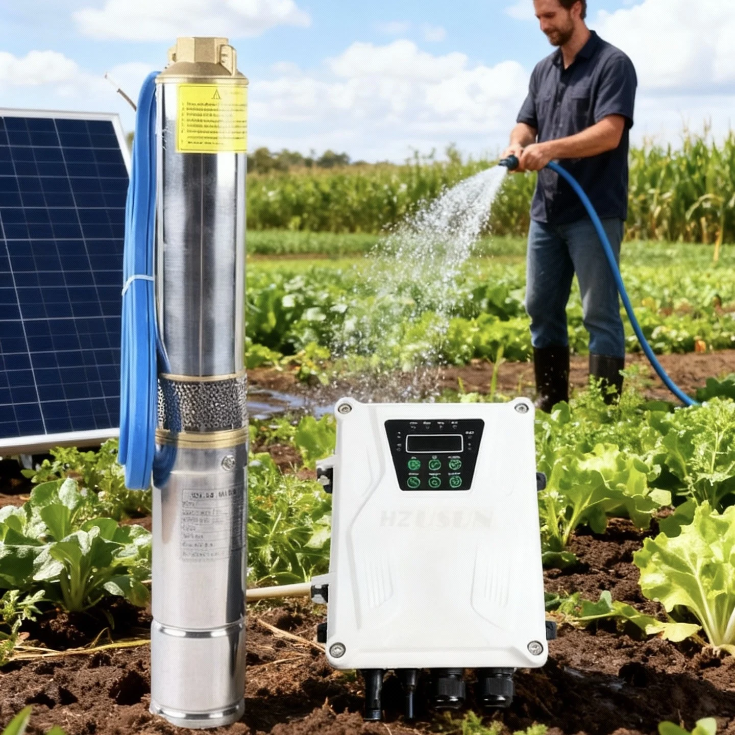 HZUSUN 0.75 HP DC 48V Solar Energy Submersible 60Ft Well Pump Kit Price for Irrigation Bomba De Agua Solar with MPPT Controller