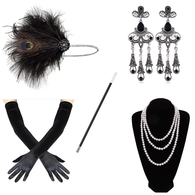 Vintage jaren 1920 Flapper hoofdband Roaring 20s Great Gatsby zendspoel met veer jaren 1920 Flapper Gatsby haaraccessoires zwarte set