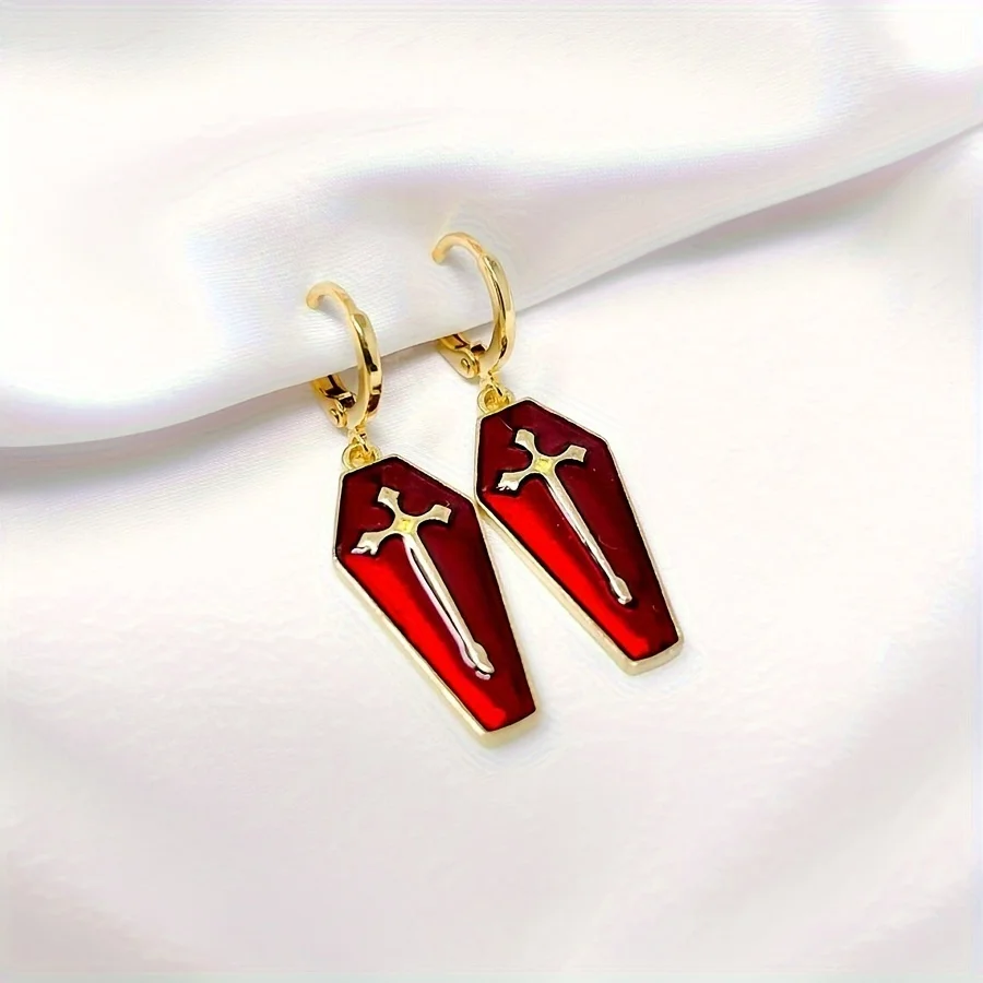 Gothic Enamel Cross Coffin Golden Ear Loops Jesus Jewelry Hip Hop Punk Tombstone Earrings  Funeral Jewelry Gifts