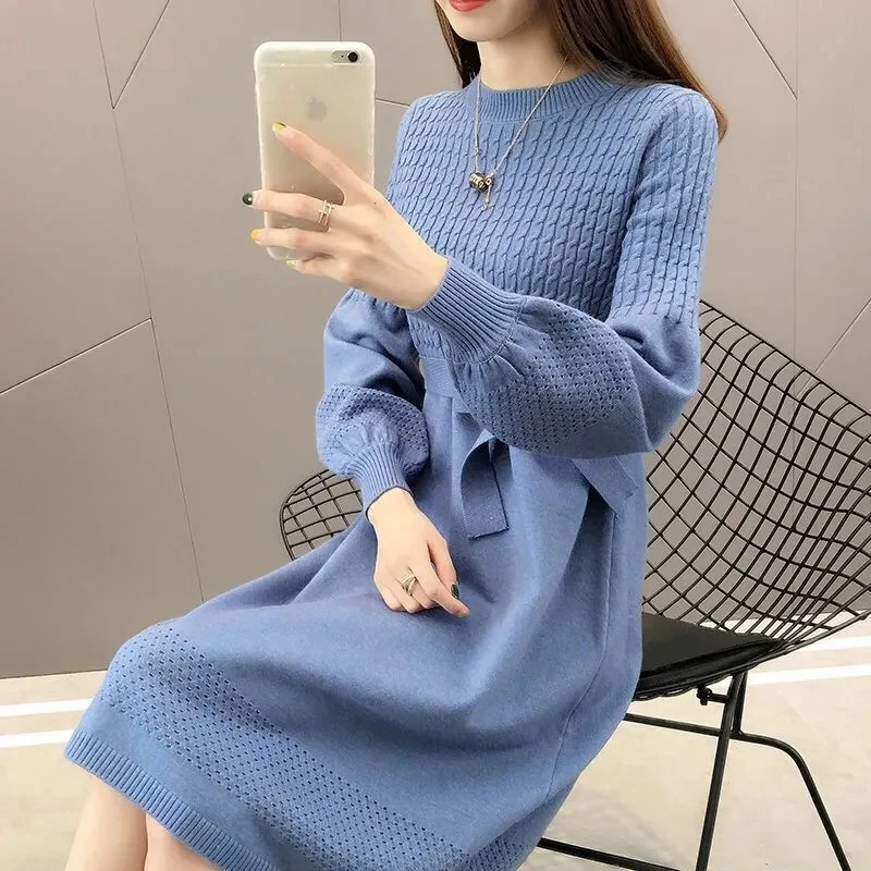 Elegant Red Sweater Dress For Women Korean Version New 2025 Spring Autumn Winter Knee Over Knitted Base Dresses Female