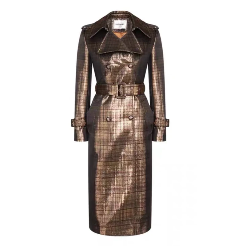 

Fashion Women Plaid Jacket Autumn Winter Long Coat Shiny Trench Outwear with Belt Double Breasted Oversized Turn-down Collar