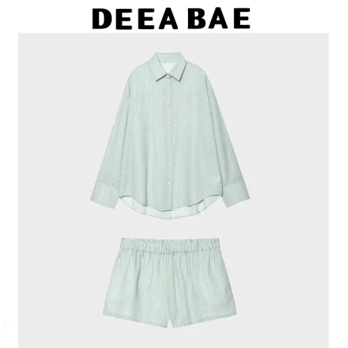Imagen 2 del producto DEEABAE 2025, novedad de verano, camisa holgada a rayas a la moda versátil para ir al trabajo para mujer, conjunto de pantalones cortos informales de cintura media