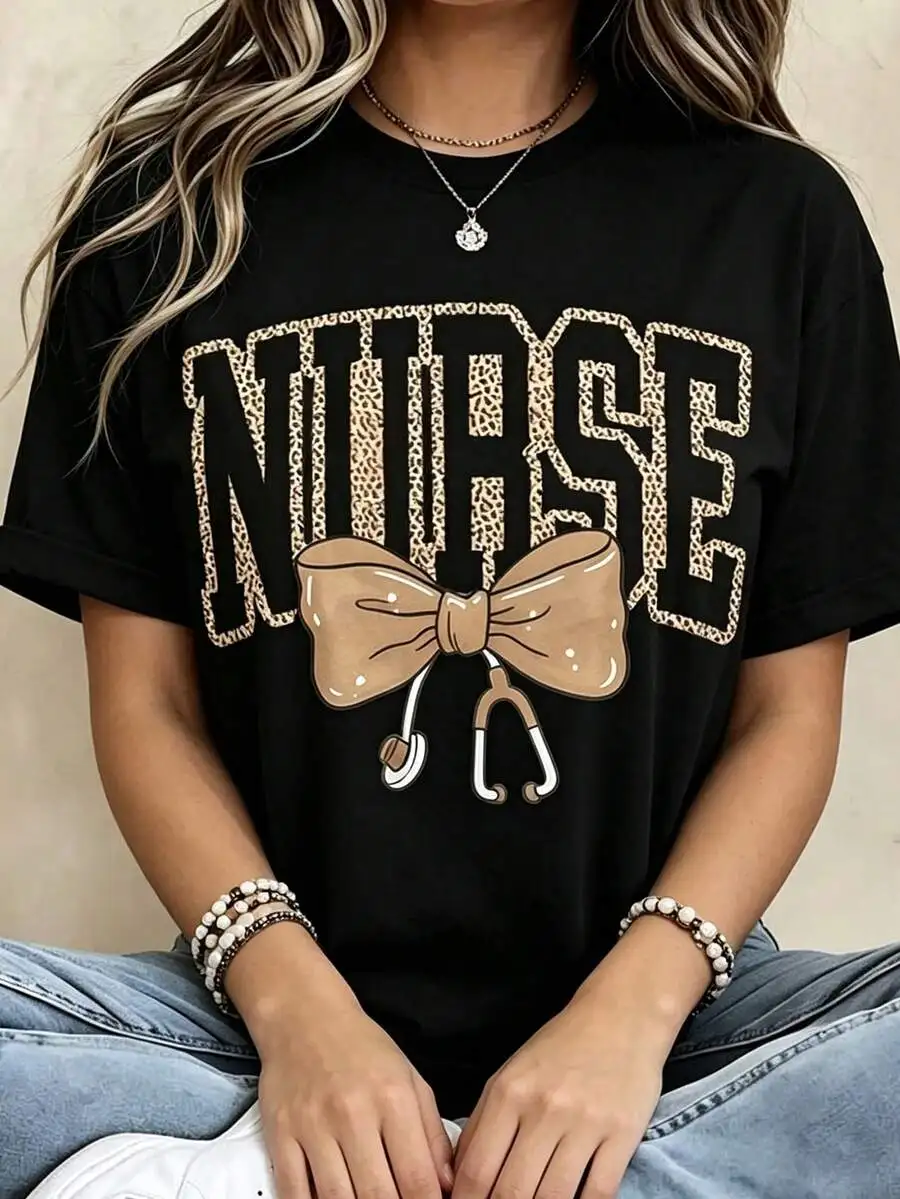 Bow & Stethoscope Nurse Graphic Tee For Women, 100% Cotton Crew Neck Short Sleeve Comfort T-Shirt, Casual Top For Healthcare Workers