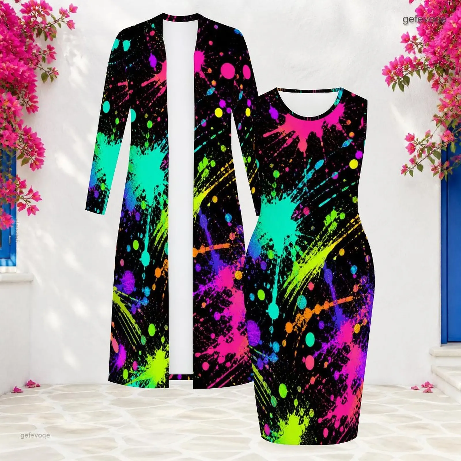 Printed Dress Set for Women Long Sleeve Long Open Front Cardigan Sleeveless Bodycon Dress Two Piece