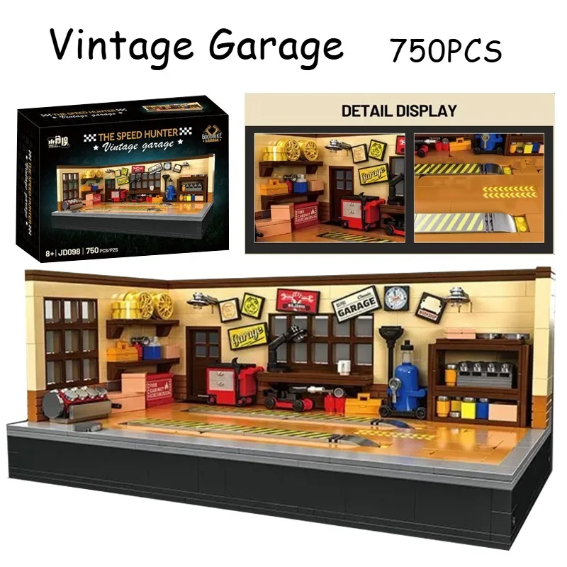 750PCS Vintage Garage met Hefplatform, Creatieve Voertuig Auto Reparatiewerkplaats, Verzamel Bouwstenen Bakstenen DIY Speelgoed Geschenken - afbeelding 2