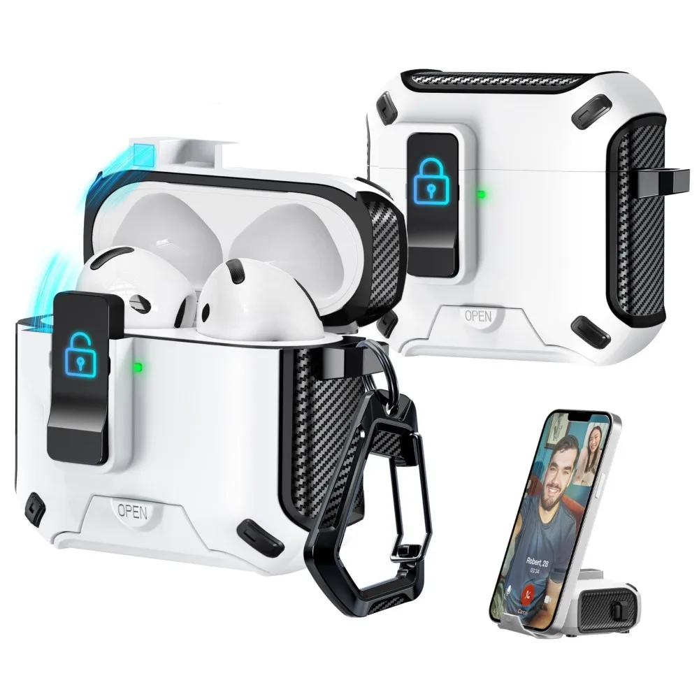 Lock Case voor AirPods 4 Case Schokbestendige beschermende harde hoes met Cleaner Kit Mobiele telefoonhouder voor Airpods 4 Case 2024 (wit)