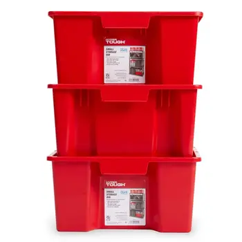 Contenedor de almacenamiento apilable de plástico duradero de 14,7 galones, organizador encajable para garaje, hogar, oficina, uso industrial, contenedores resistentes. 10 best sales Organizador de garaje - №8