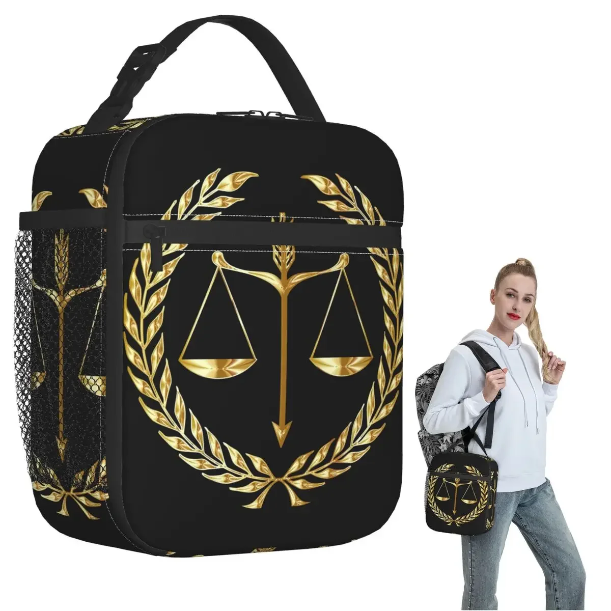 Gold Scales Of Justice Law Logo Lawyer Legal Party Insulated Lunch Bag for Women Kids Portable Food Boxes Thermal Lunch Box Tote