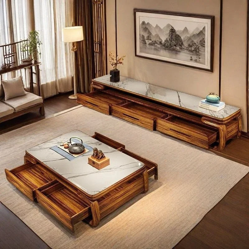 New Chinese-style small apartment modern simple marble solid wood coffee table